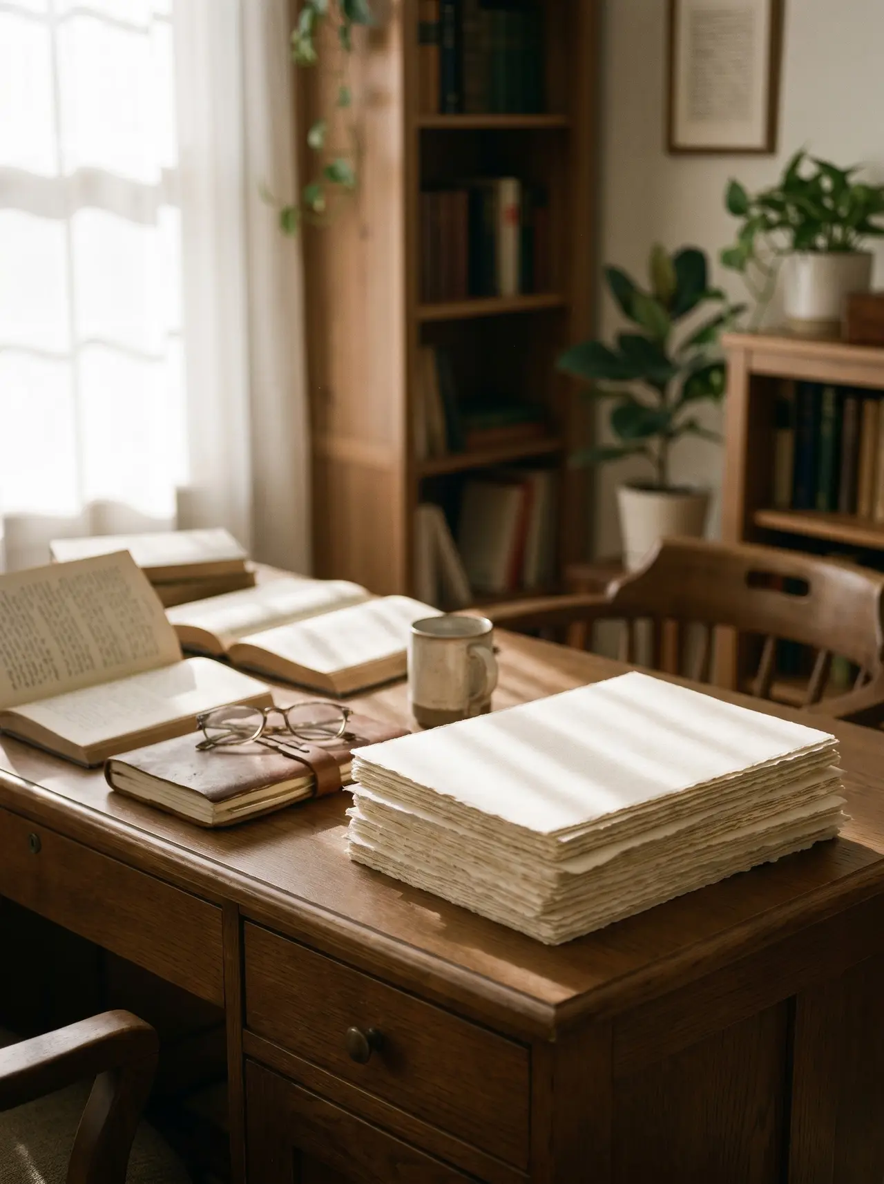 A quiet desk in morning light with stacked papers and a mug